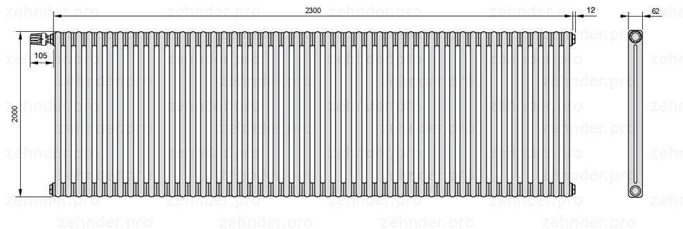 Схема (чертеж) Радиатор Zehnder Charleston 2200/50 №V011 Белый глянцевый RAL 9016